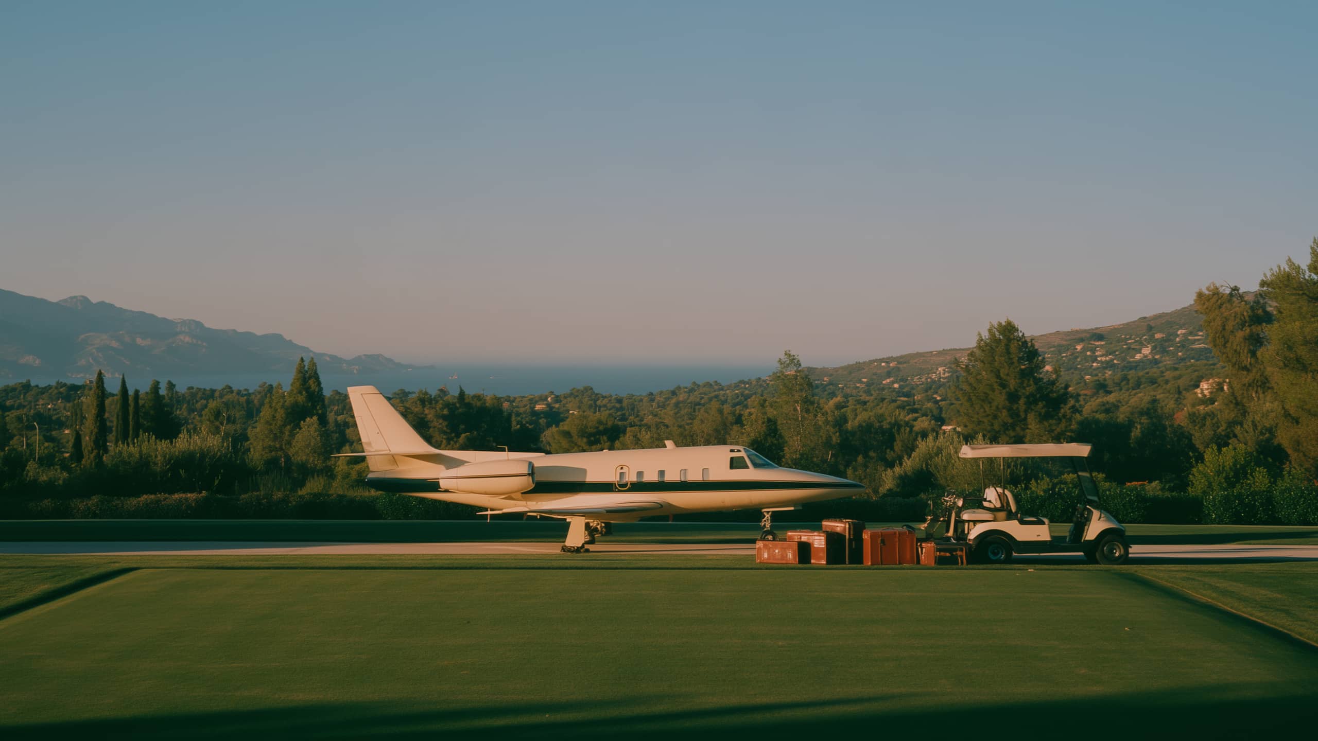 A private jet parked beside a lawn at golden hour, luggage and a golf cart alongside, hills and the sea beyond